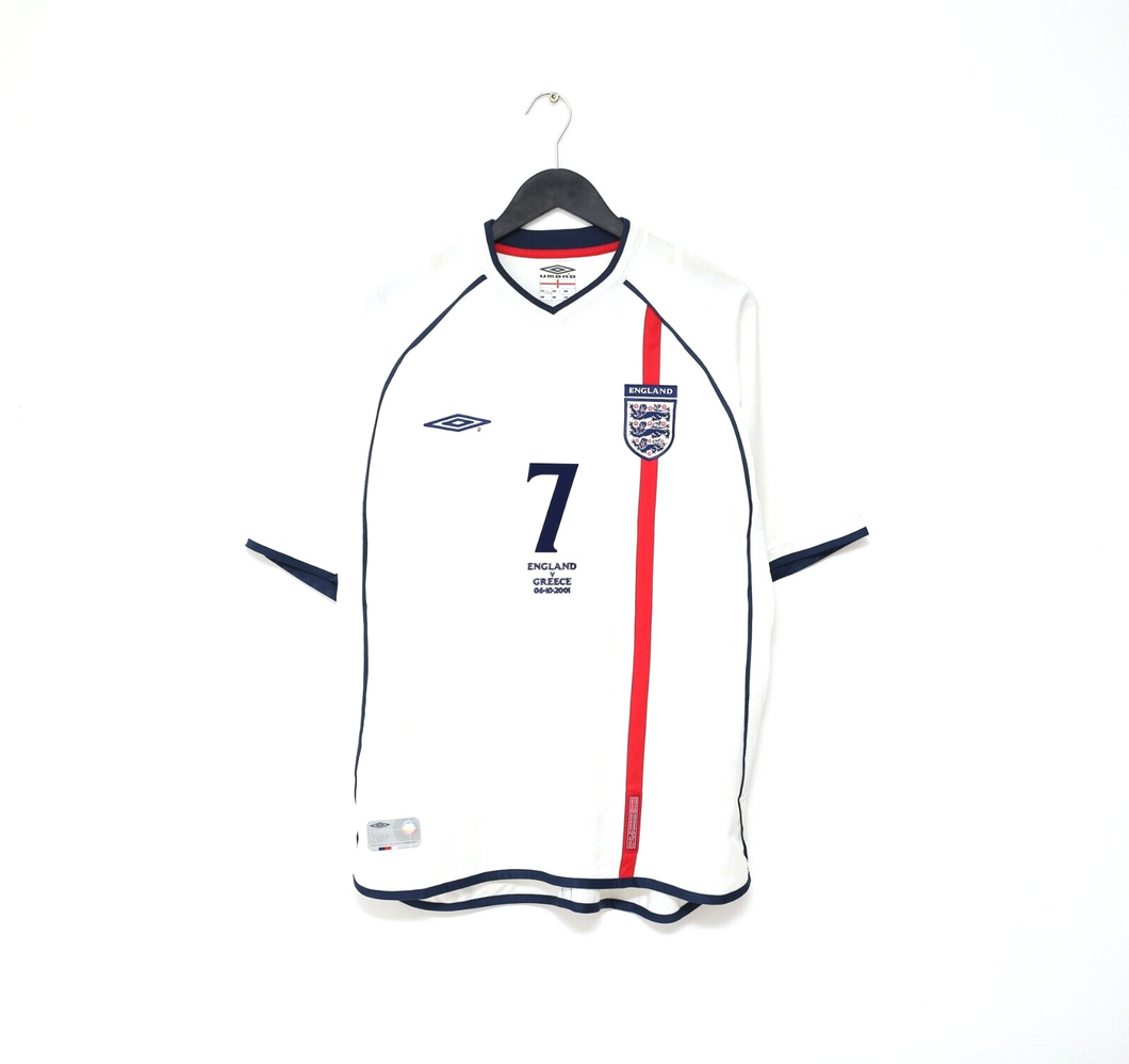 2001/03 BECKHAM #7 England Vintage Umbro Home Greece Football Shirt (L) WC 2002