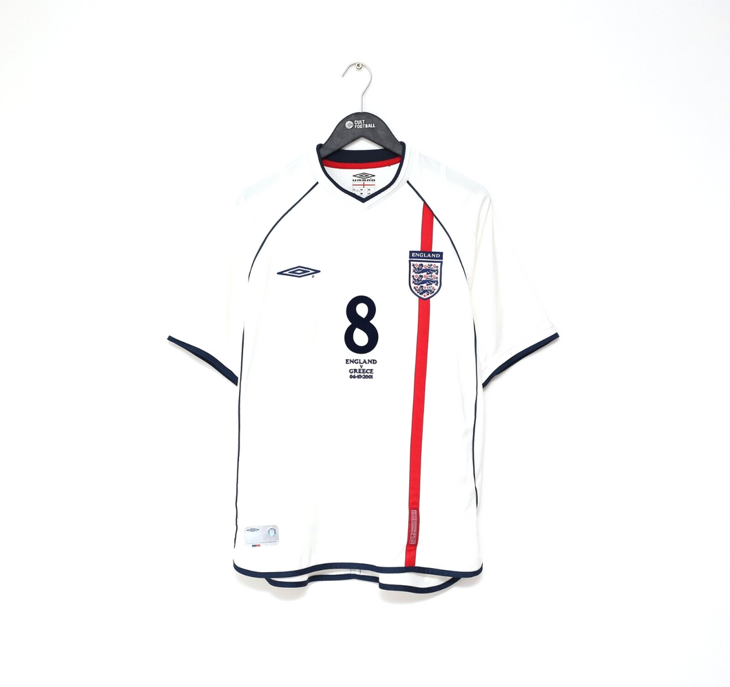 2001/03 SCHOLES #8 England Vintage Umbro Home Greece Football Shirt (L) WC 2002