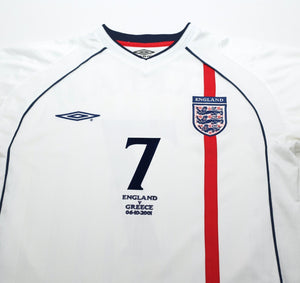 2001/03 BECKHAM #7 England Vintage Umbro Home Greece Football Shirt (M) WC 2002