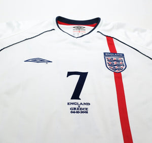 2001/03 BECKHAM #7 England Vintage Umbro Home Greece Football Shirt XXL WC 2002