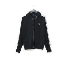 Load image into Gallery viewer, FRED PERRY Men&#39;s Zip Through Taped Black Hoodie Track Top Jacket (M)
